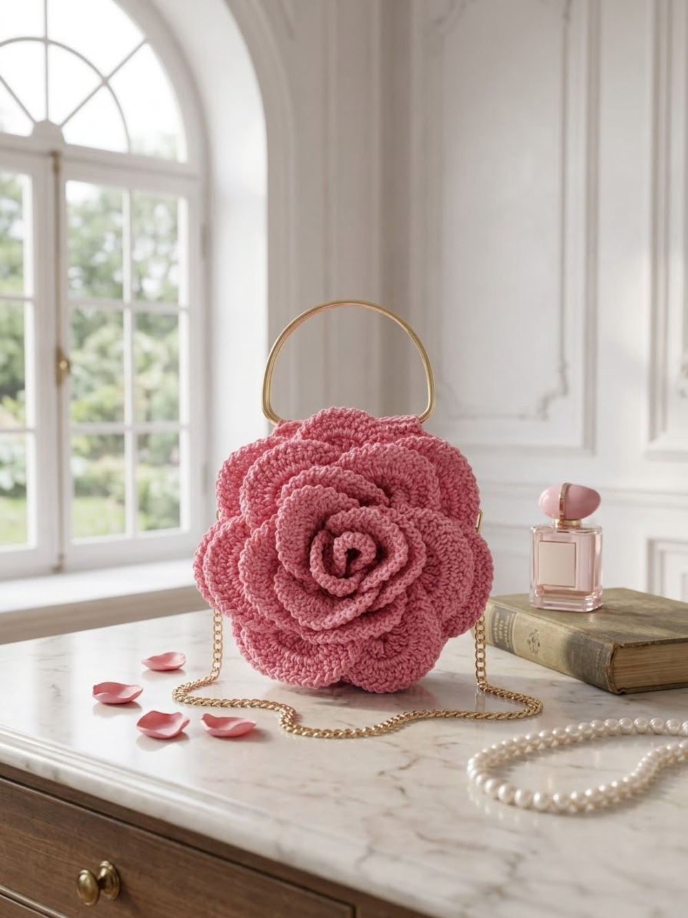 Handcrafted Pink Crochet Flower Handbag with Gold Handle